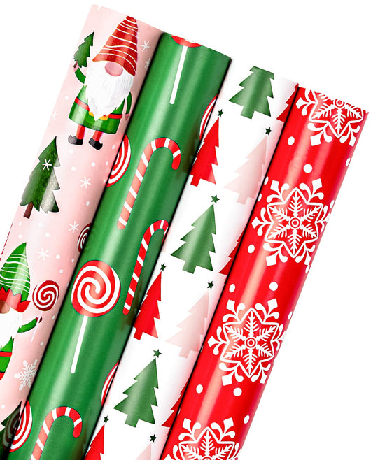 30 Inch Christmas Wrapping Paper Roll - Jumbo Roll Red, Green and Pink Christmas Gnome Elf Holiday Collection - 4 Rolls - 30 Inch x 120 Inch Per Roll