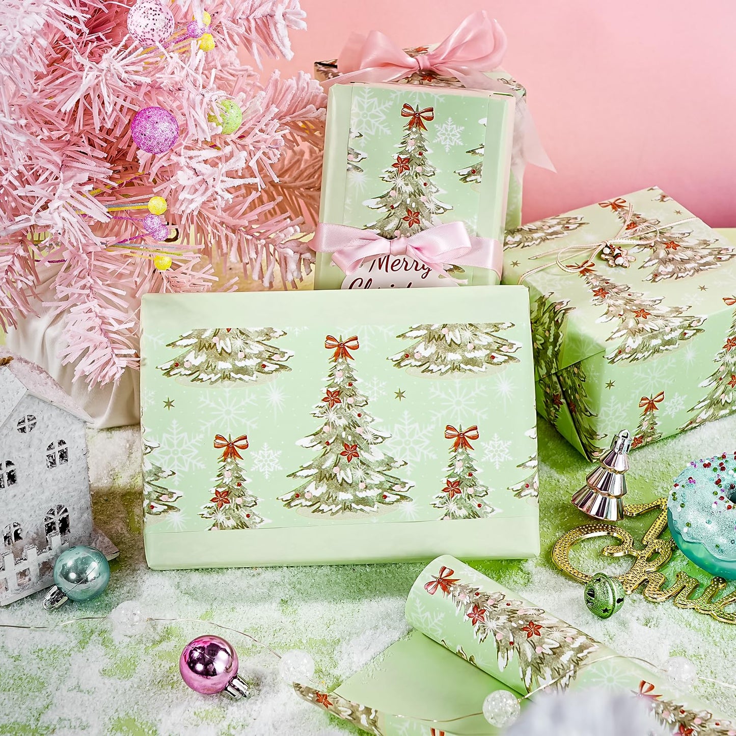 30 Inch Jumbo Reversible Christmas Wrapping Paper - 30 Inch x 33 Feet - Light Green Christmas Tree Wrapping Paper for Xmas Holiday, Party Celebration