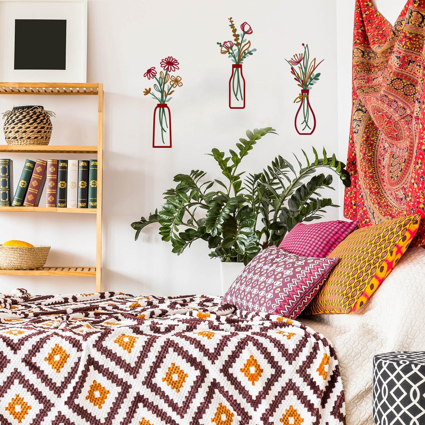 3 Pieces Metal Vase Flowers Wall Arts - Rustic Farmhouse Style Décor Metal Wall Art Black Minimalist Flower Natural Themed Wall Decors for Home Bedroom Dining Room Housewarming (Red, Vase-C)