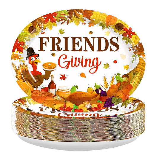 50Pcs Friendsgiving Oval Plates 10"x12" Large Fall Thanksgiving Turkey Paper Plates Disposable Heavy Duty Turkey Harvest Pumpkin Dinner Platter for Autumn Fall Friendsgiving Friends Thanks Party Decor