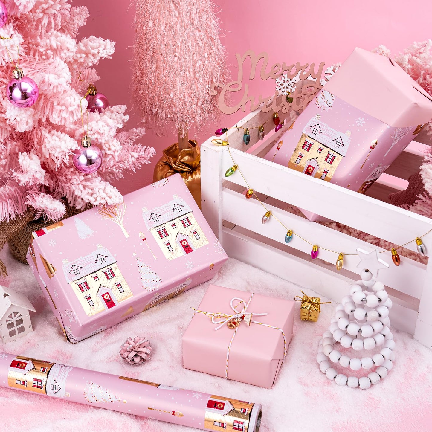 30 Inch Jumbo Reversible Christmas Wrapping Paper - 30 Inch x 33 Feet - Pink House and Solid Pink Wrapping Paper with Metallic Foil Shine for Chrsitmas, Holiday, Party