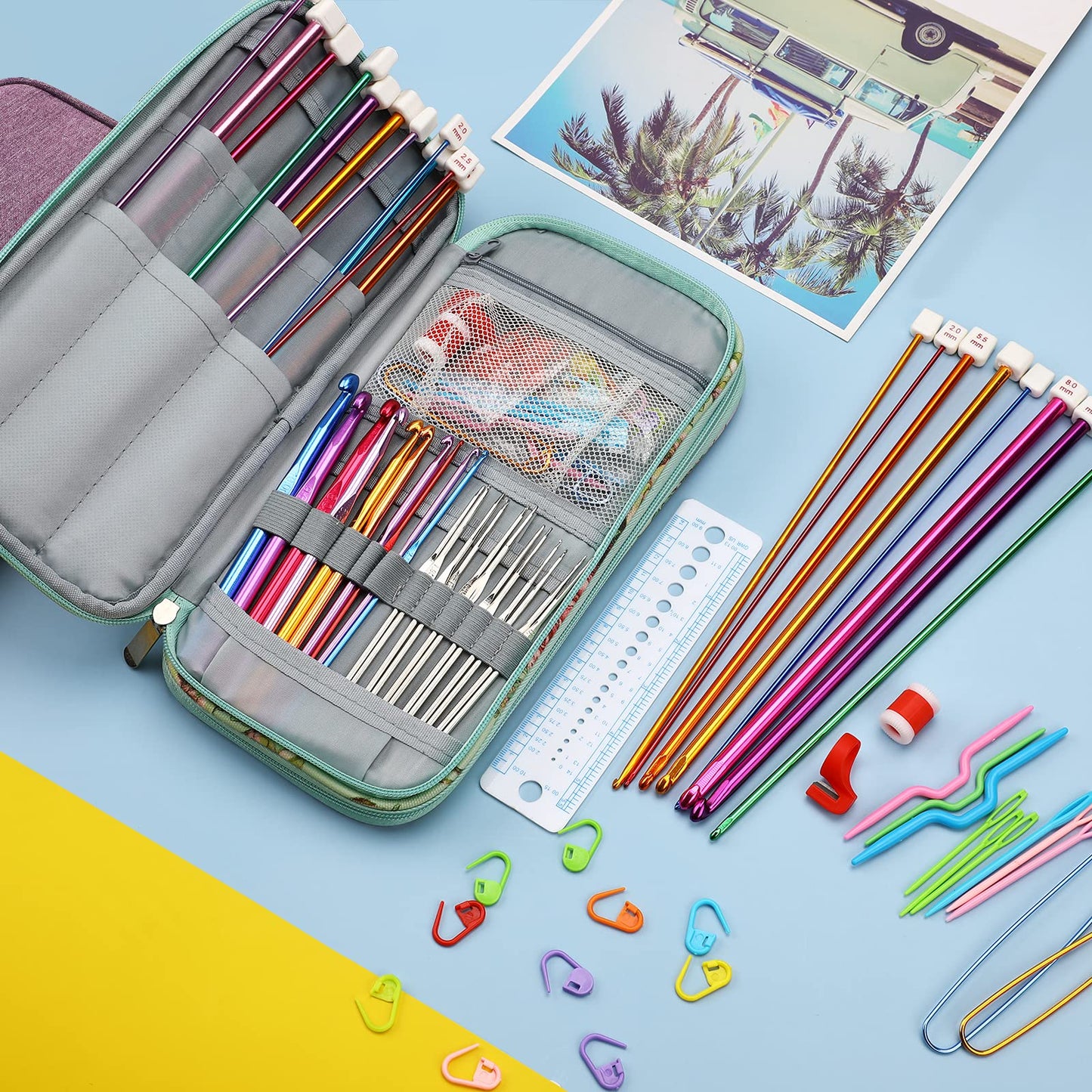 LOOEN 68pcs Crochet Hooks Set,Aluminum Tunisian Crochet Hooks Set Afghan Knitting Needles Kit with Case,11pcs 2mm/B-8mm/L Multicolor Hooks and Necessary Accessories,Gift for Mom (Green New)