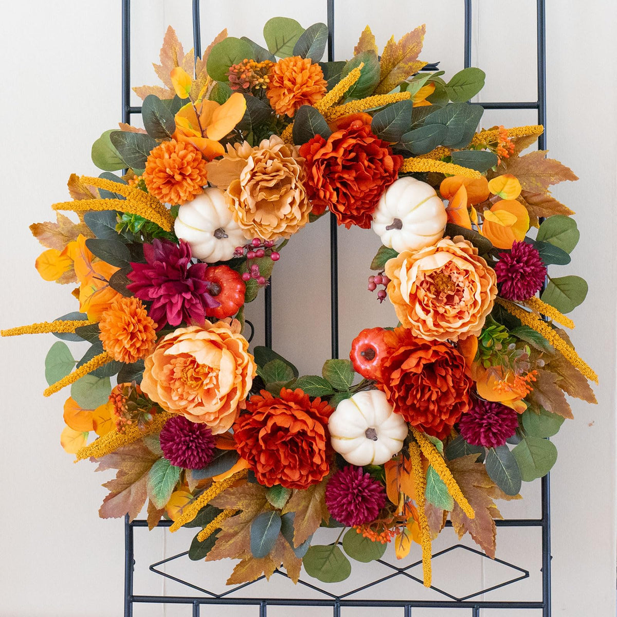 24 Inch Fall Wreaths for Front Door with Orange Peony and Burgundy Dahlias