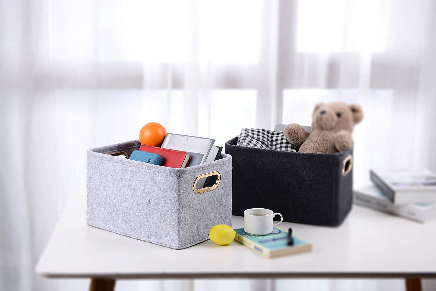 Collapsible Storage Bins Foldable Felt Fabric Storage Basket Organizer Boxes Containers with Handles Metal Handles for Nursery Toys,Kids Room,Clothes,Towels,Magazine
