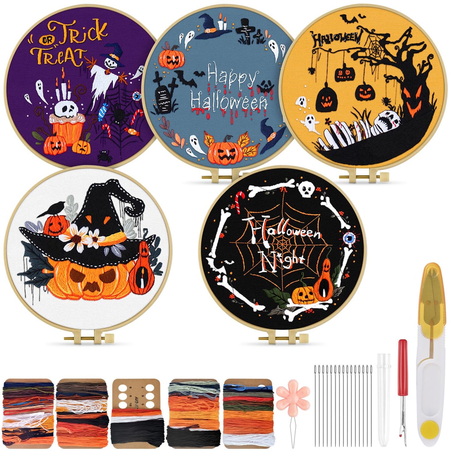 Halloween Embroidery Kit for Adult, 5 Pack Embroidery DIY Starter Kit, with Stamped Patterns, Hoop, Tools, Colorful Threads with Needles, Instructions