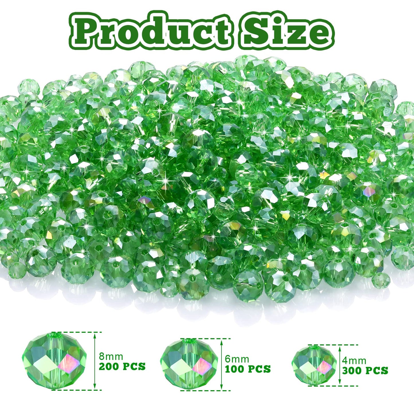 600 Pcs Crystal Glass Beads for Jewelry Making Bulk Faceted Gemstone Rondelle Loose Beads for Bracelet DIY Crafts 8 mm, 6 mm, 4 mm(Green)