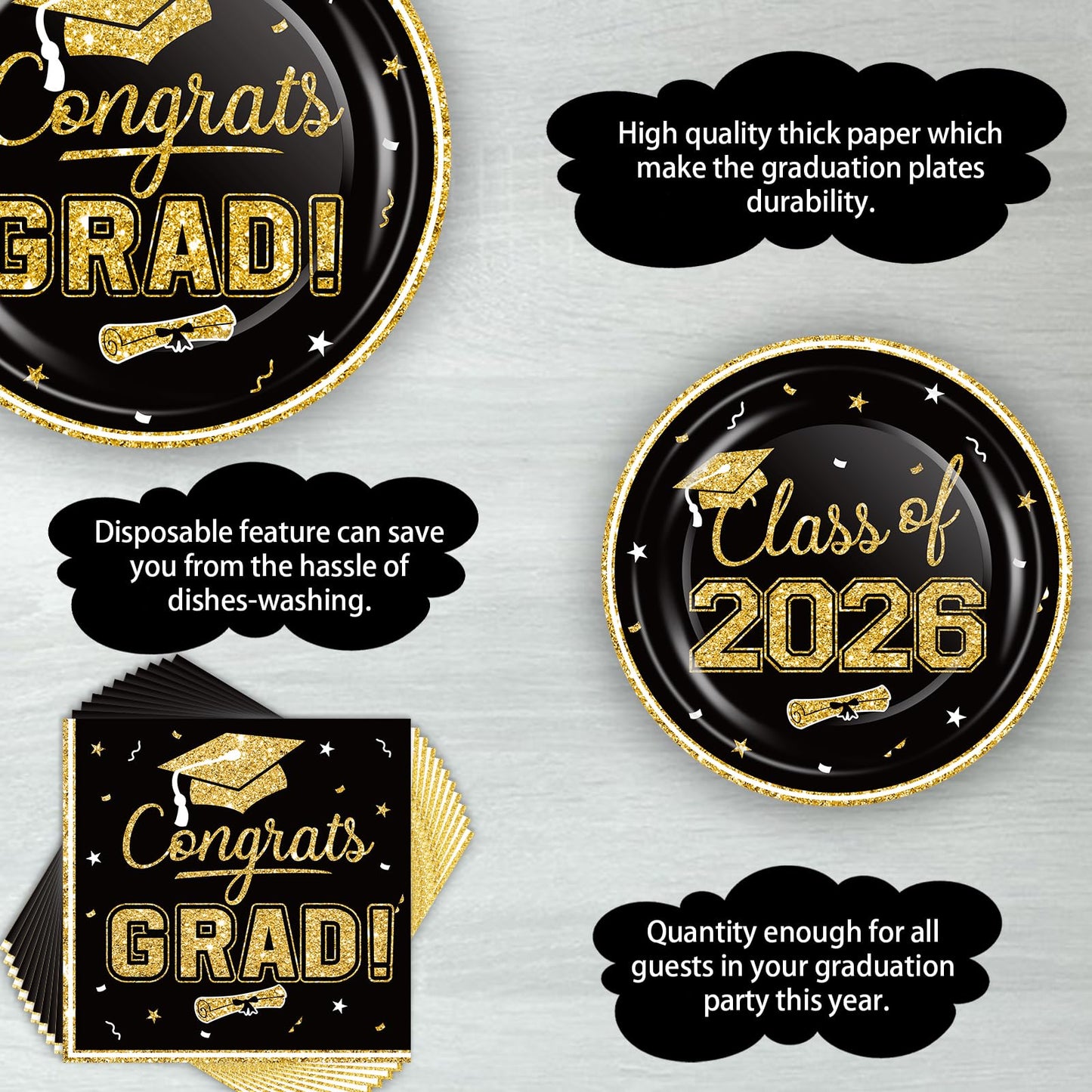 2026 Graduation Party Supplies Tableware Set - 200 Pcs Black Gold Graduation Plates and Napkins Class of 2026 Disposable Dinnerware for College High School Congrats Graduation Party favors, Serve 50