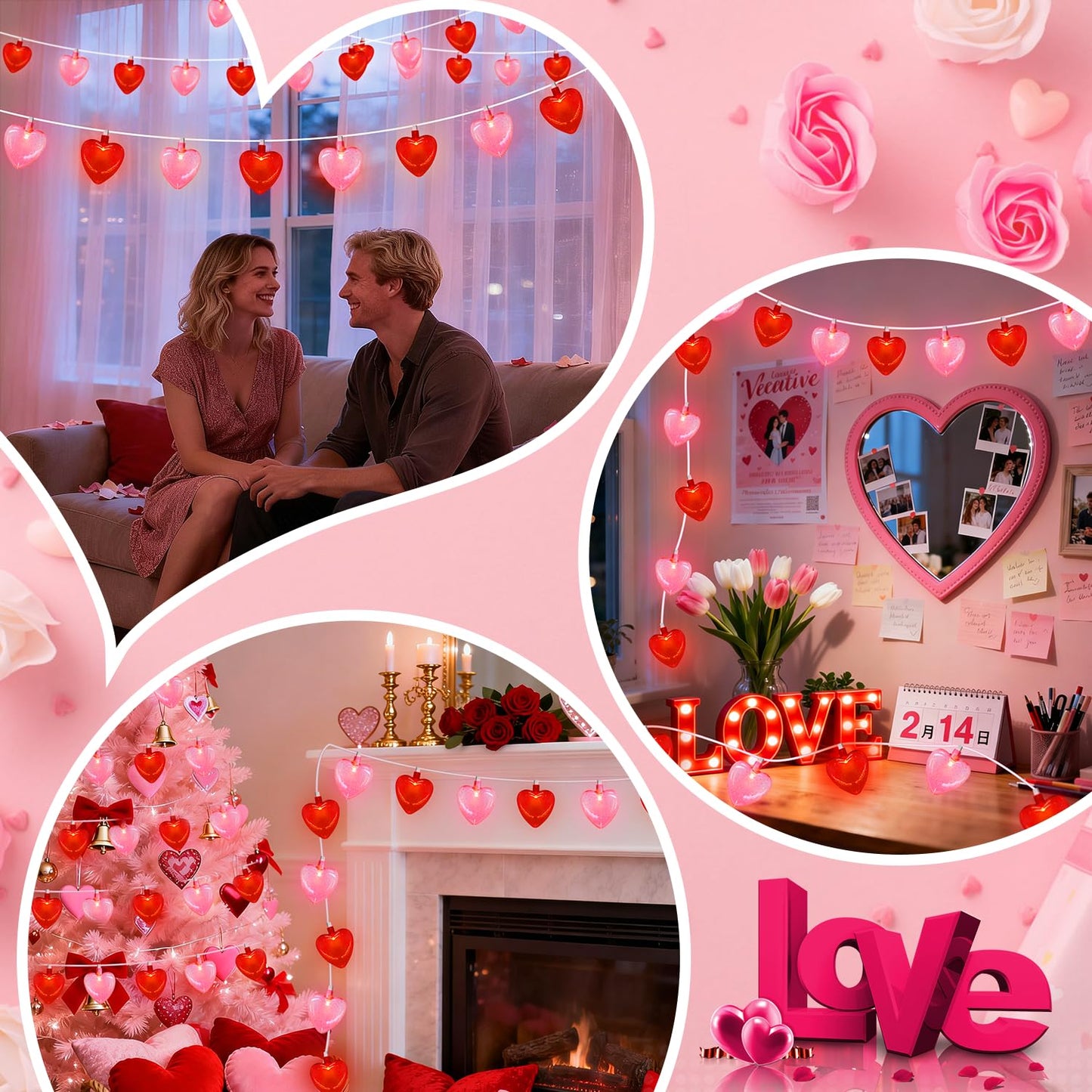 LED Valentines Day Lights - 8.5Ft Led Red and Pink Heart String Lights with Sequins, Plug in Valentine Day Heart Lights Outdoor Waterproof for Valentines Day Decorations for the Home & Party, 0.48W