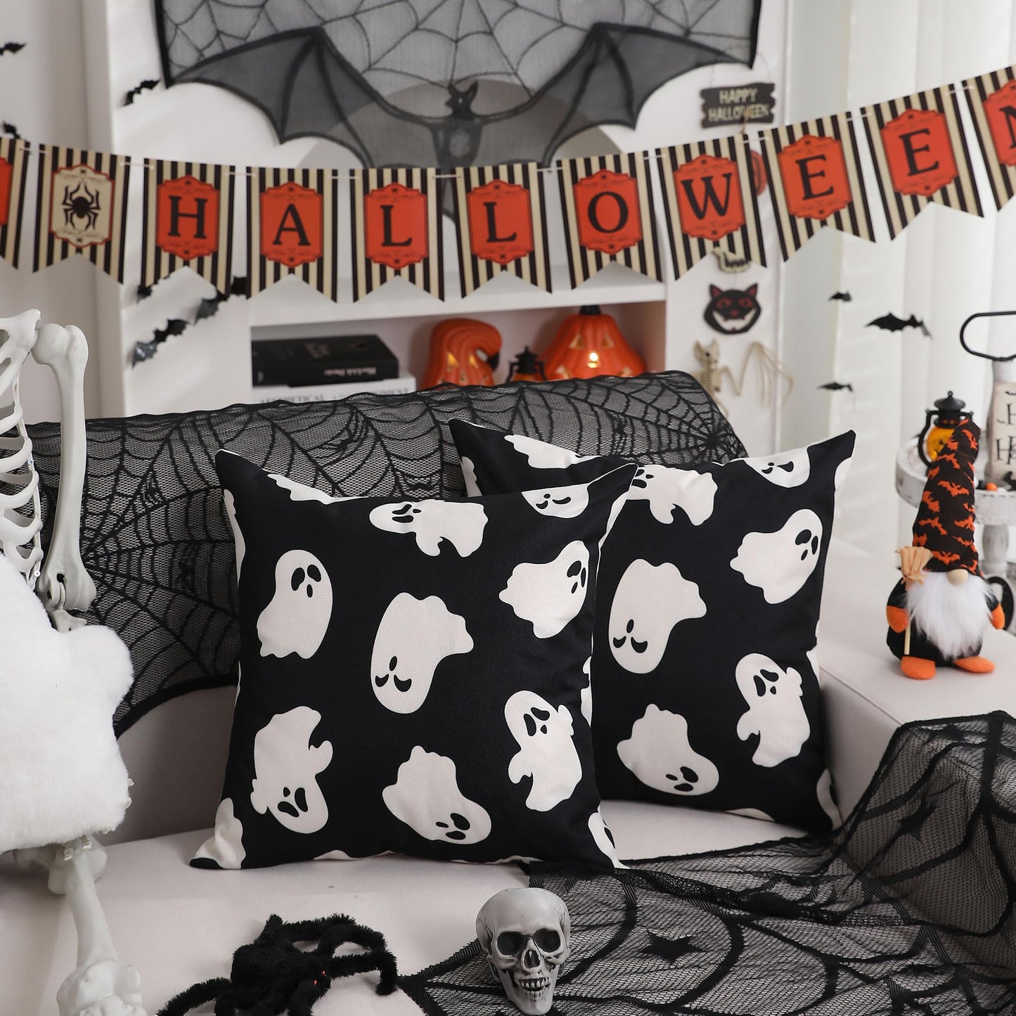 DFXSZ Halloween Pillow Covers 18x18 inch Set of 2 Happy Halloween White Ghost Decor Black Pillow Covers Happy Halloween Sofa Bed Outdoor Car Decoration TH-14A18