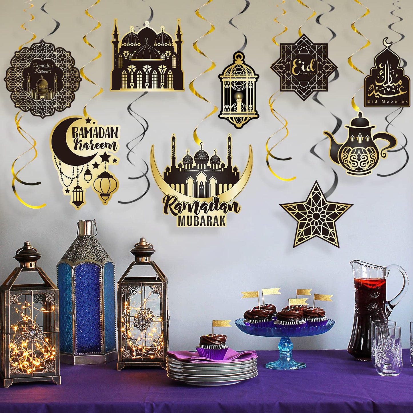 30 Pieces Ramadan Hanging Swirl Decorations, Eid Mubarak Ramadan Ceiling Decorations for Home, Foil Hanging Swirl Streams Eid Kareem Theme Decorations for Muslim Ramadan Party Supplies
