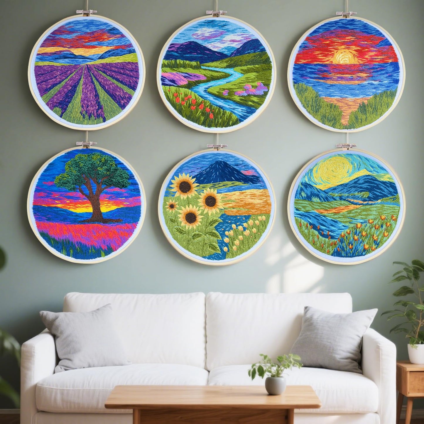 Maydear 6 Pack Embroidery Starter Kit with Pattern, Stamped Cross Stitch Kits for Beginners Adults with Embroidery Hoop and Instructions, Hand Embroidery Kit (Landscape six Sets)