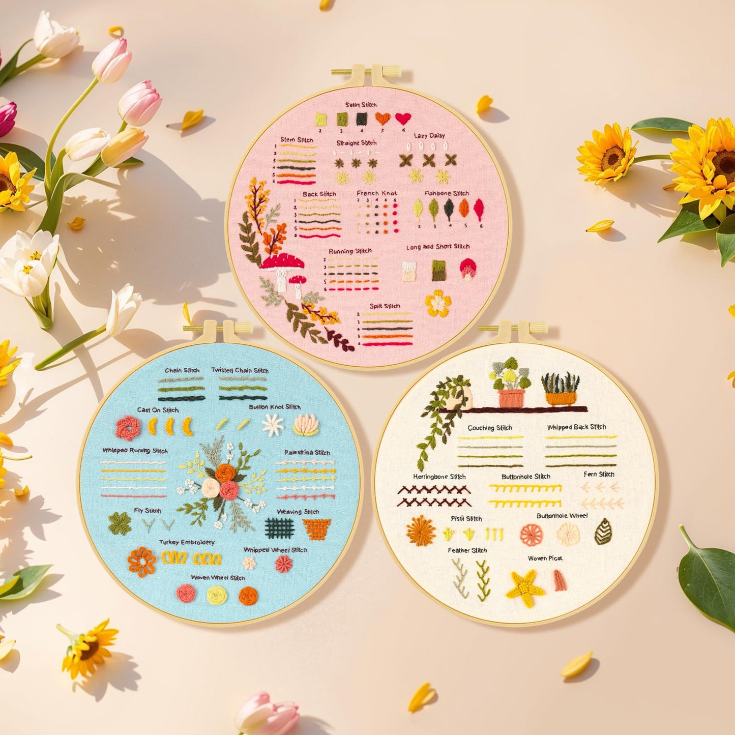 3 Sets Embroidery Kit for Beginners, Embroidery Kit for Adults with Follow Instruction, Cross Stitch Kits with Wooden Embroidery Hoops (Stlye B)