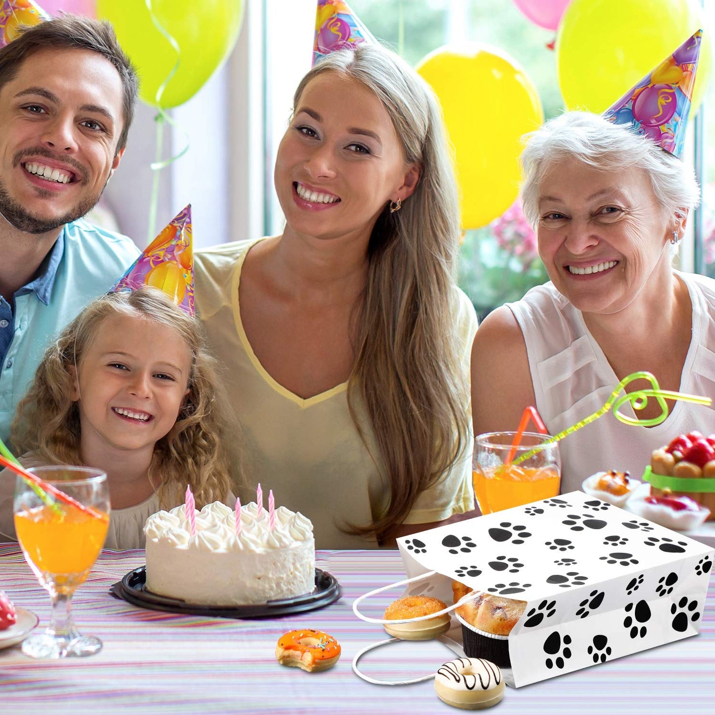 Blulu 20 Pcs Puppy Dog Paw Print Gift Bags with Paper Twist Handles, Dog Gift Bags Paper Paw Print Treat Goodie Bags for PET Treat Party Favor, 6.3 x 3.1 x 8.6 Inch (White Backing)