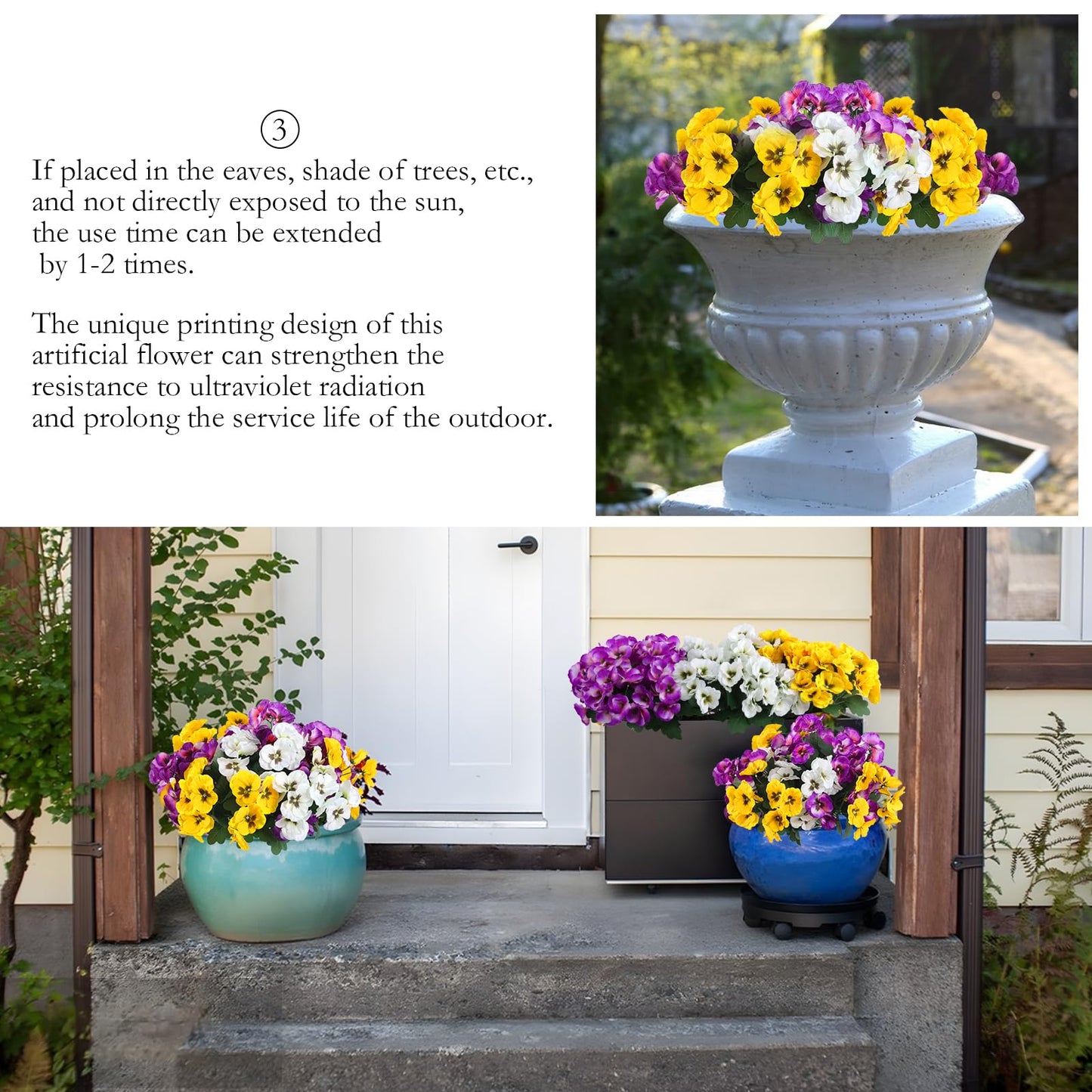 Hananona 12 Bundles Artificial Flowers Outdoor UV Resistant Artificial Silk Pansies Faux Plastic Flower in Bulk Fake Outdoor Plants(12, Yellow, White, Purple)