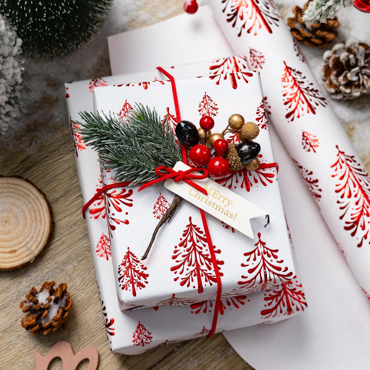 Kraft Christmas Wrapping Paper-White 3D Embossed Gold Foil Christmas Pine Tree with Woodlands for Holiday, Party,Celebration, New Year (17 Inch X 32.8 Feet)