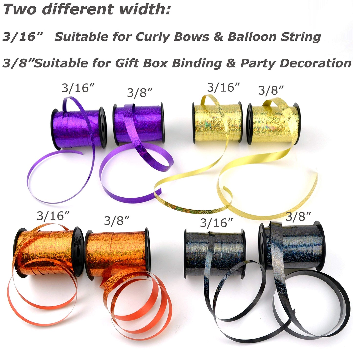 Star 3/16" and 3/8" Holographic Sparkles Curling Ribbon in 12 Colors | 24 Spools in Products Display Quickly | Sparkly Ribbon Great for Gift Wrap and Balloon String