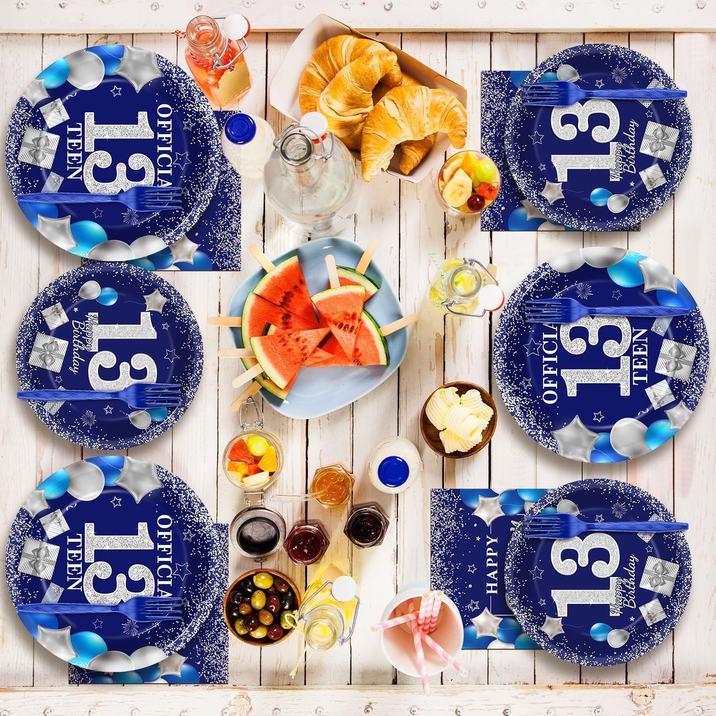 gisgfim 96 PCS 13th Birthday Party Supplies 13th Birthday Plates and Napkins Official Teen 13th Tableware Blue and Silver Dinnerware Set 13 Years Old Party Decorations Favors for Boys Girls Serve 24