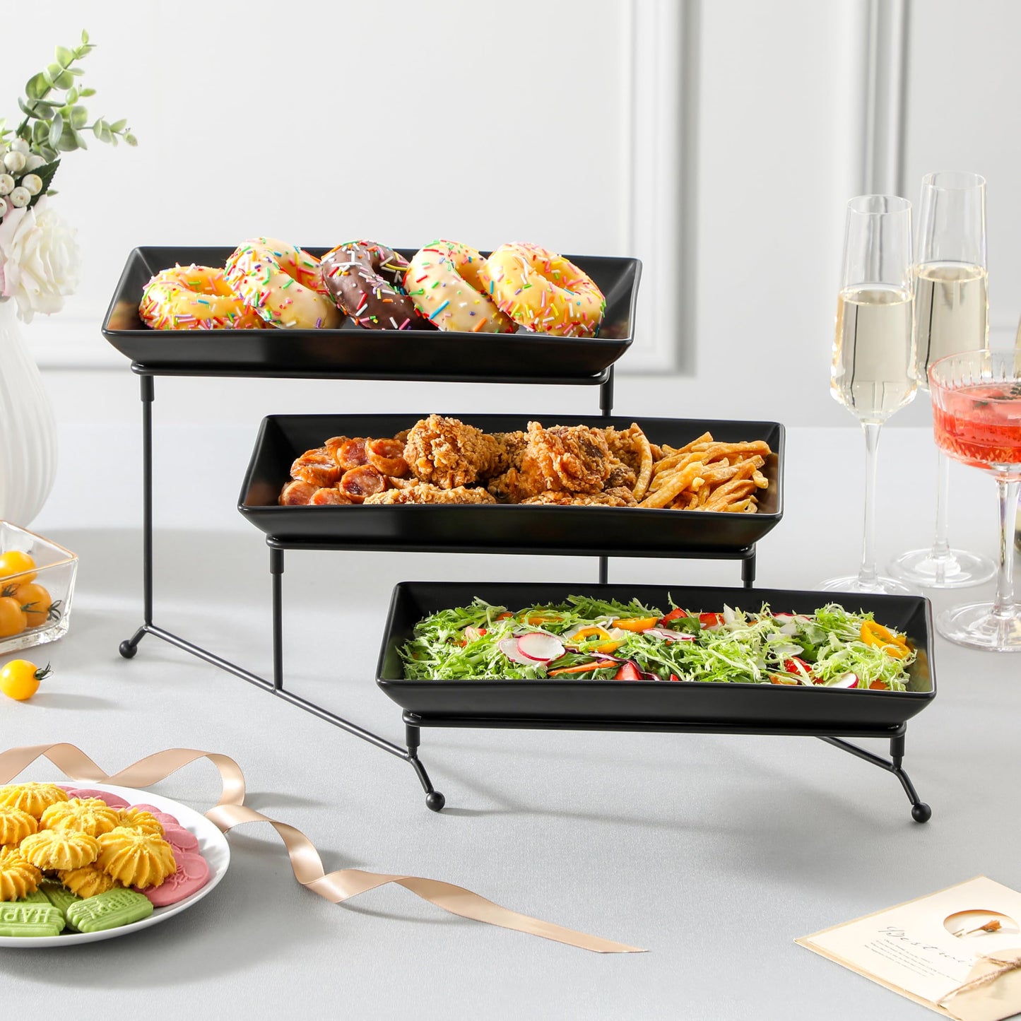 3 Tier Serving Tray, Porcelain Tiered Serving Trays Platters, 12 Inch Serving Stand with Platters,Black Dessert Stand with Collapsible Sturdier Metal Rack,Series PLAT