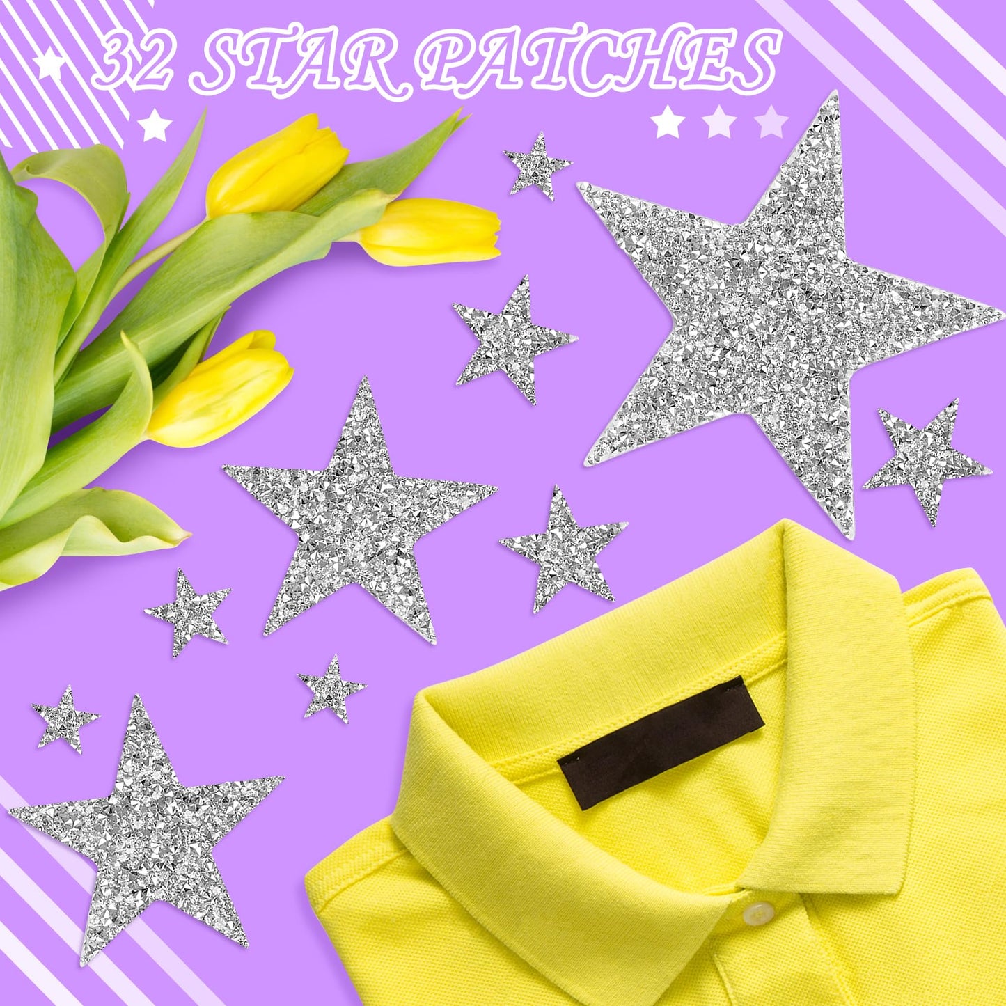 32Pcs Star Appliques Iron on Patches for Hats, Jeans, Clothing, Shirts, Iron on Glitter Star Applique, Rhinestone Stars Iron on Patches for DIY Crafts (Silver, Mixed Size)