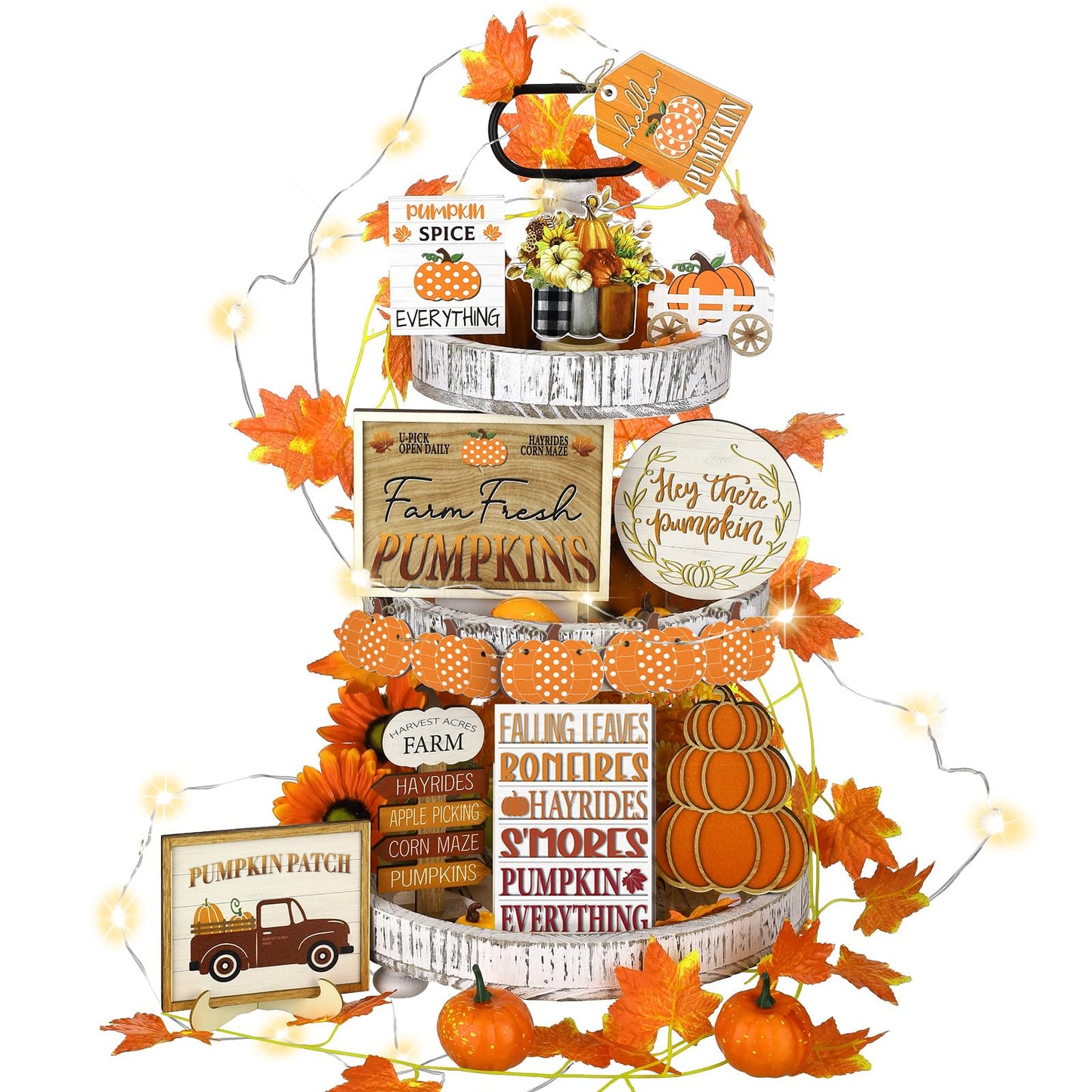 FairySandy 14 Pcs Fall Tiered Tray Decor Fall Pumpkin Wooden Decorations Set Rustic Farmhouse Truck Spice Blocks Autumn Wooden Sign for Thanksgiving Fall Winter Halloween