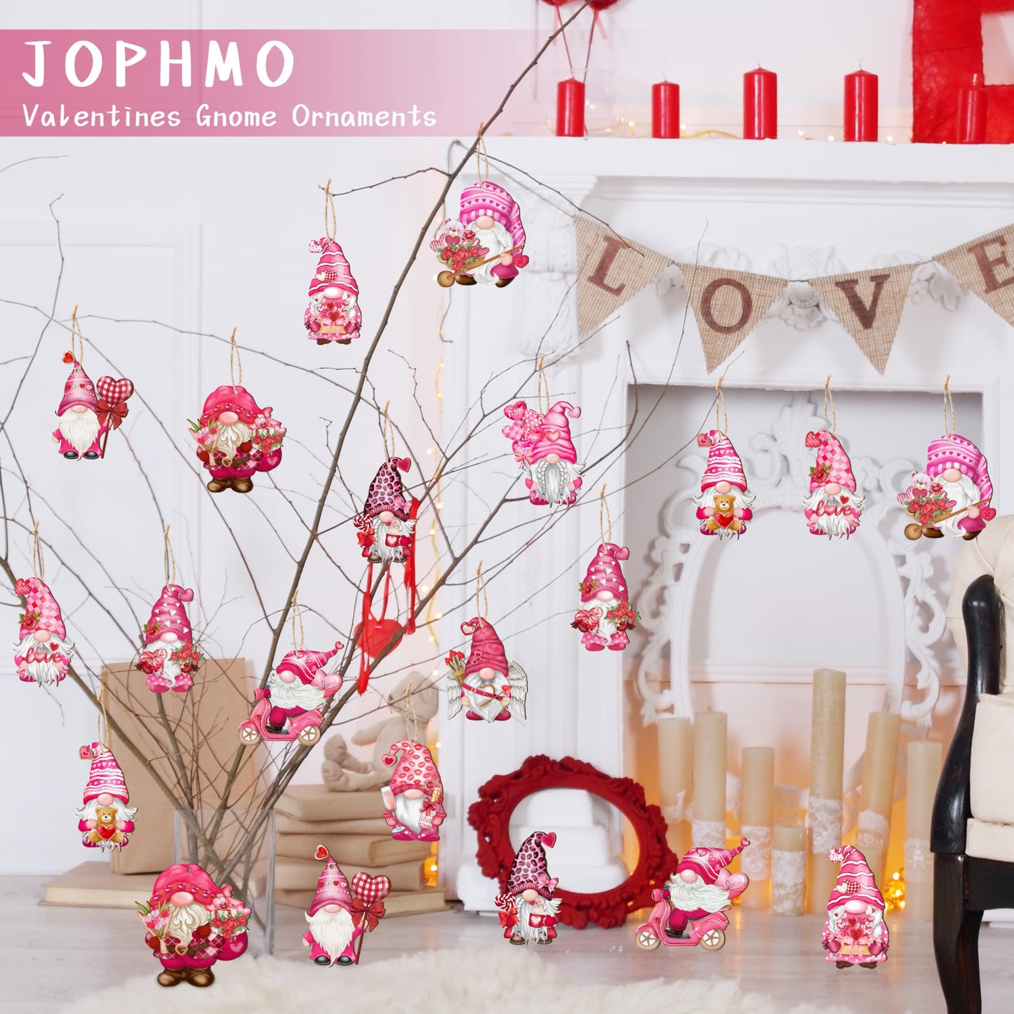 JOPHMO Valentine Wooden Hanging Ornaments, Wood Decor for Tree Decoration, Santa Doll Craft, Gnome Elf Party Supplies (Valentine-Gnomes-A)