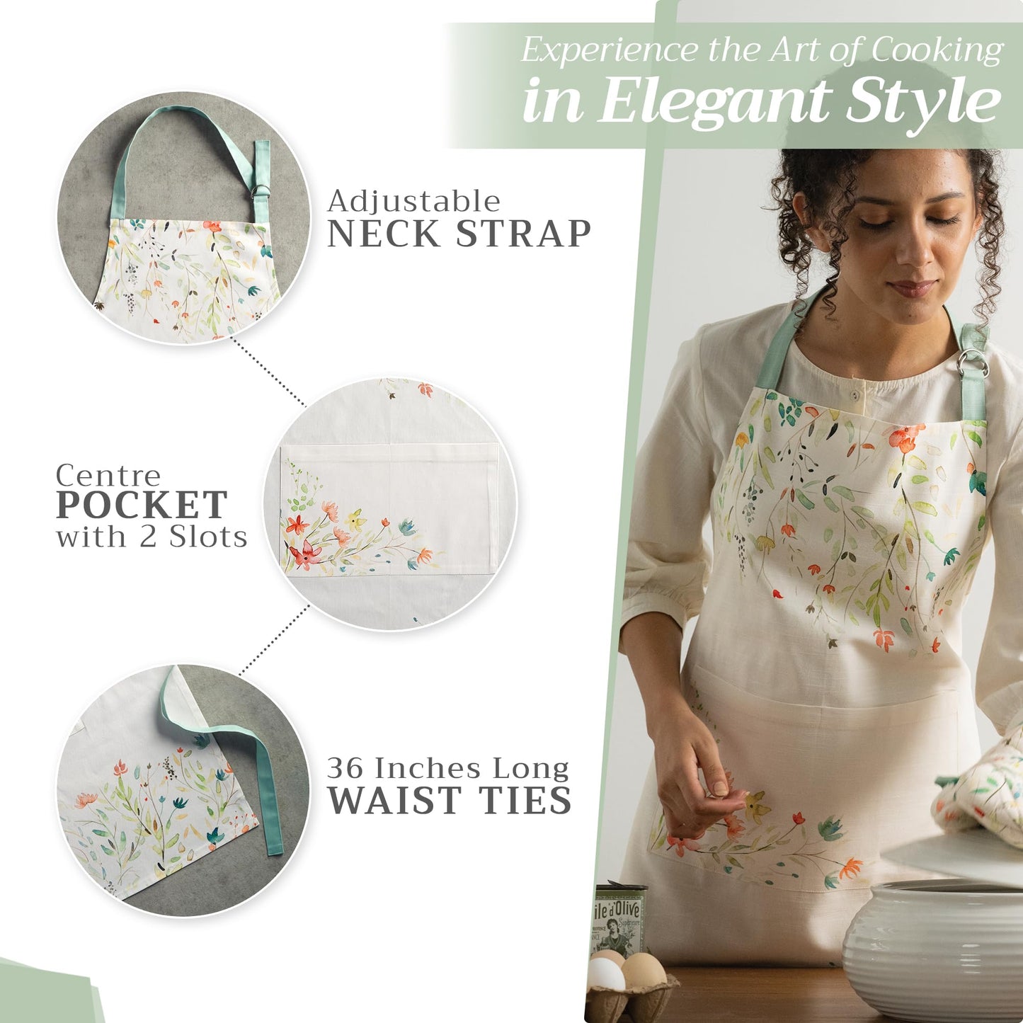 Apron for women with Pocket 100% Cotton 27.50"x31.50" 1 Piece Adjustable Neck Strap & long ties Apron Men, Chef, Wedding, Cooking, Gardening, Server Spring/Summer (Colmar)