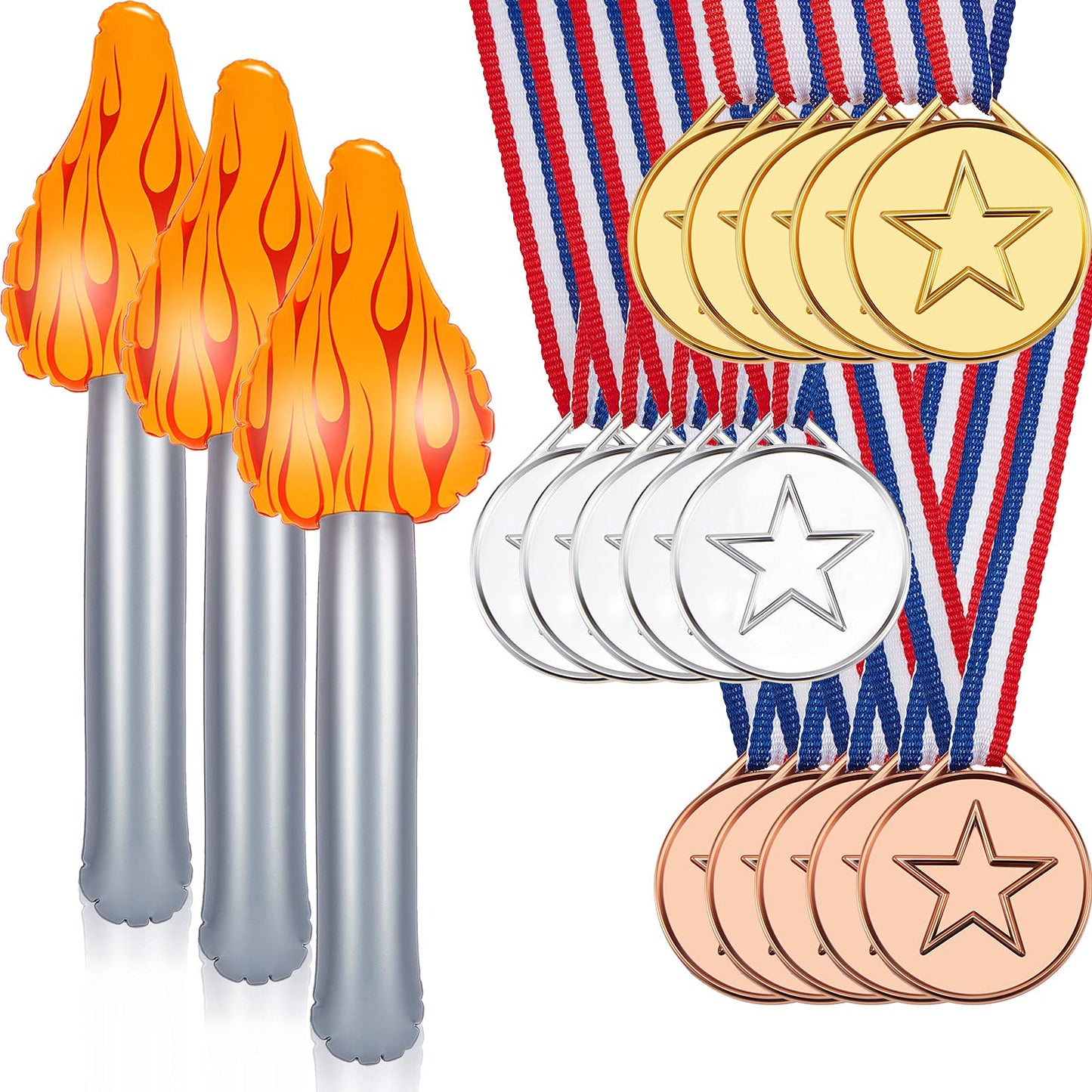 18 Pieces Olympics Party Decorations 15 Pieces Gold Silver Bronze Plastic Medals for Awards 3 Pieces 15 Inch Olympic Torch Prop for Medieval Luau Themed Party Sports Competitions