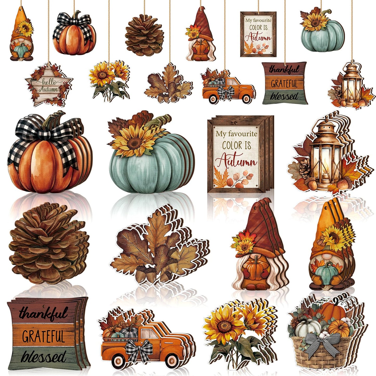 FairySandy 36 Pcs Fall Tree Decorations Thanksgiving Gnomes Ornaments for Tree Wooden Hanging Ornaments Pumpkins Leaves Flowers Cutouts Autumn Decorations for Holiday Party Supply(Classic Style)