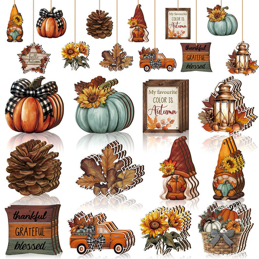 FairySandy 36 Pcs Fall Tree Decorations Thanksgiving Gnomes Ornaments for Tree Wooden Hanging Ornaments Pumpkins Leaves Flowers Cutouts Autumn Decorations for Holiday Party Supply(Classic Style)