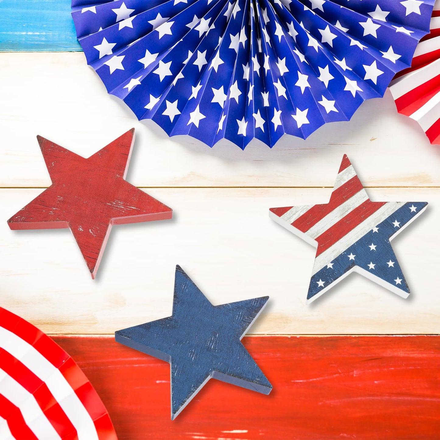 3 Pcs 4th of July Wooden Star Signs,Rustic Memorial Day Tiered Tray Decor, American Patriotic Table Decoration for Home Kitchen (Retro)