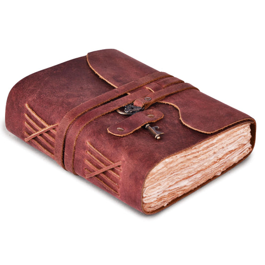 LEATHER VILLAGE Vintage Leather Journal – 200 Handmade Vintage Deckle Edge Paper – Leather bound Journal For Women Men – Vintage Key Closure - Book of Shadows - Red Brown - 6X4 inches (A6)