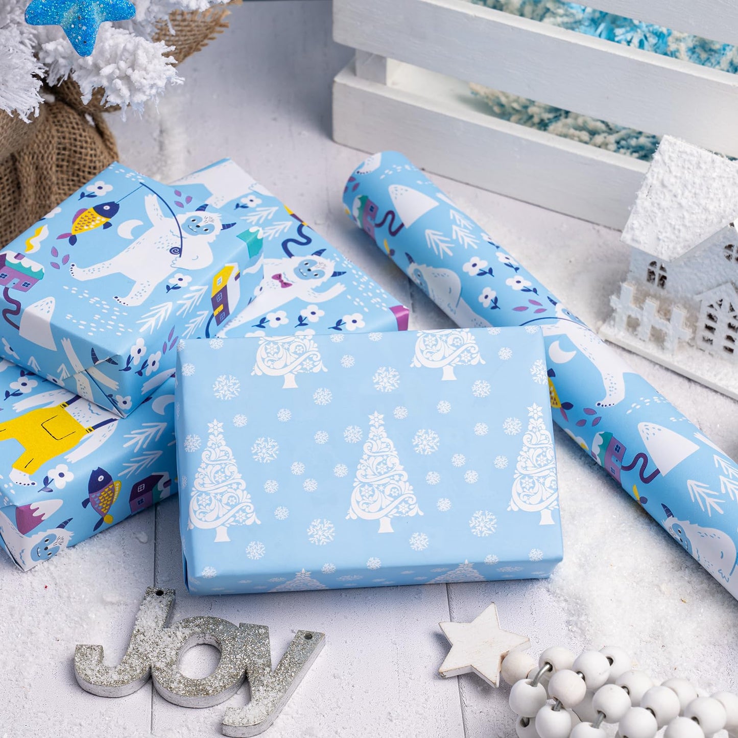 Reversible Christmas Wrapping Paper - Mini Roll - 17 Inch x 33 Feet - Winter Snow Monster and Christmas Tree Wrapping Paper for Xmas Holiday, Party Celebration