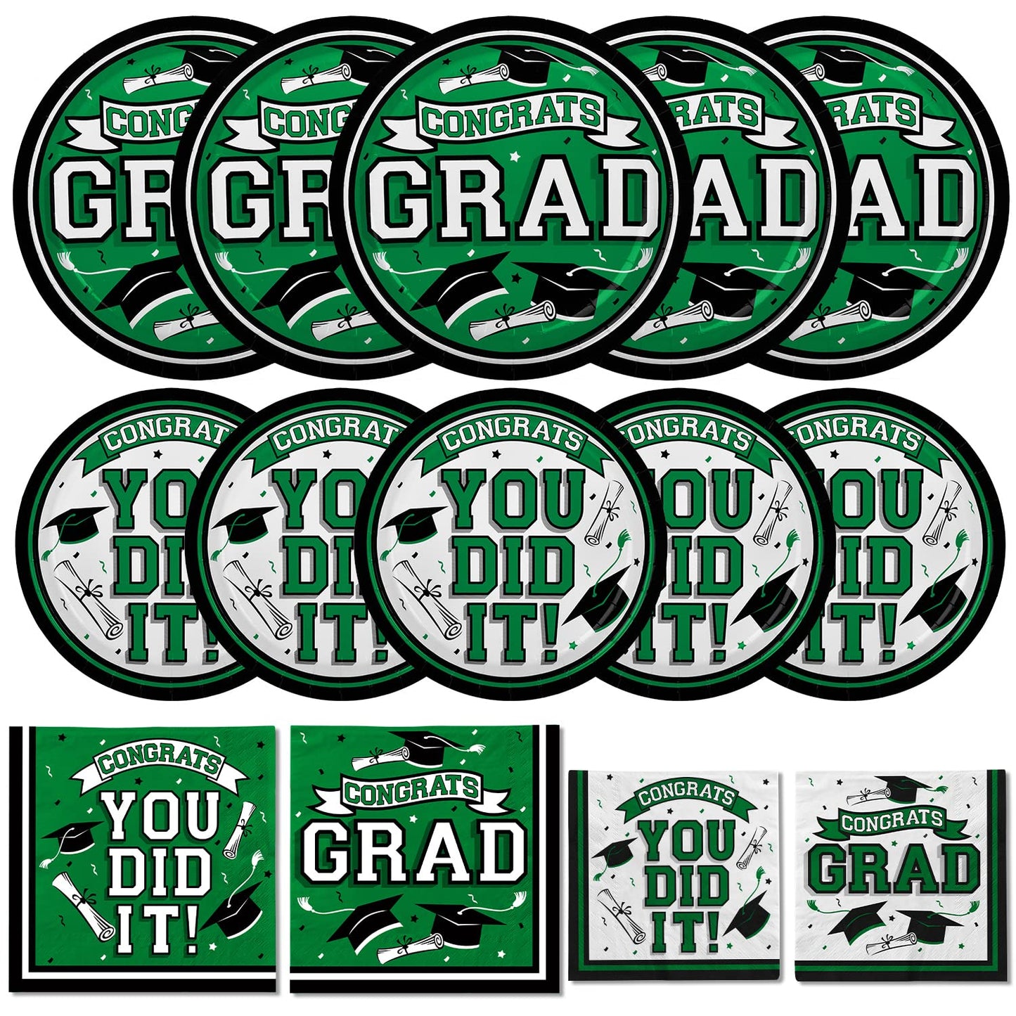 Gatherfun Graduation Party Supplies Dinnerware Set green Disposable dinner paper plates dessert paper plates and Napkins for Congrats Grad Party Decorations, Serve 50
