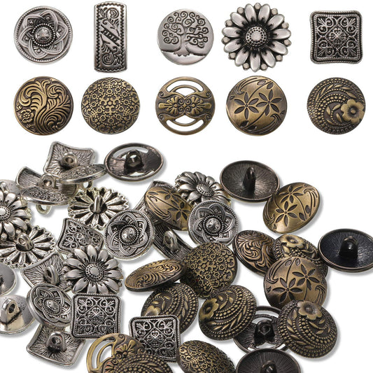 Metal Buttons 80 Pieces Antique Silver and Bronze Color for Sewing DIY Crafts Sewing Decorations, Mixed Vintage Style Flower Round Buttons