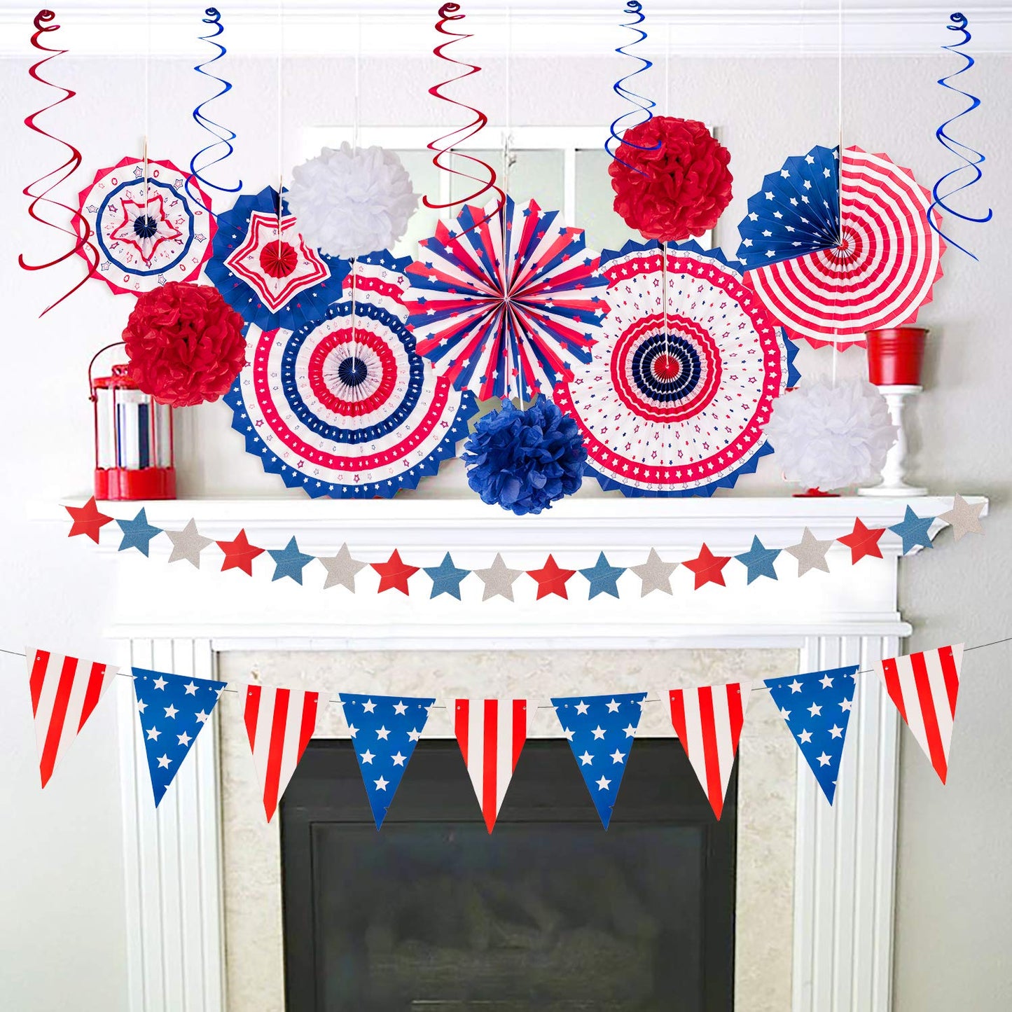 29PCS 4th/Fourth of July Patriotic Decorations Set - 250th Anniversary Red White Blue Paper Fans,USA Flag Pennant,Star Streamer,Pom Poms,Hanging Swirls Party Decor Supplies