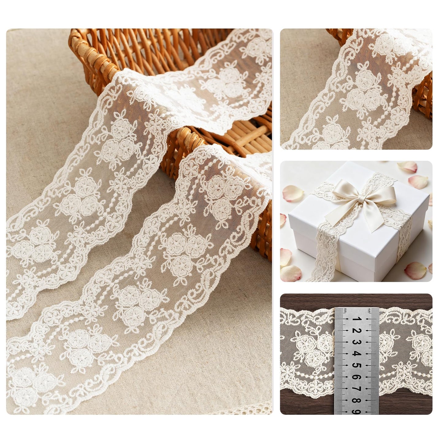 LYXMYGS Lace Trim Ribbon, 3-Yard White Lace Ribbon, 3.3 Inch Width White Laces Trims Delicate Floral Pattern Ribbons for Crafts Sewing and Bridal Wedding Dress Applique Decorations