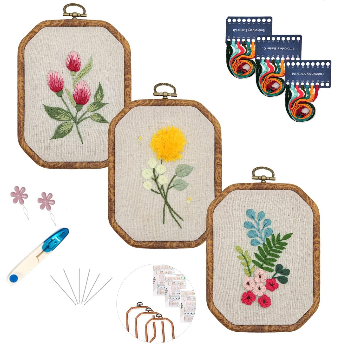 Maydear 3 Pack Embroidery Starter Kit with Pattern, Stamped Cross Stitch Kits for Beginners Adults with Embroidery Hoop and Instructions, Hand Embroidery Kit (B Set Embroidery Starter Kit)