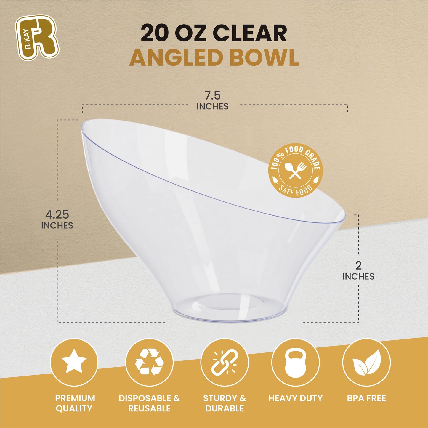 R-kay 6 Pack Angled Plastic Serving Bowls - Clear Plastic bowls 20 Oz - Disposable Serving Bowls - Premium Clear Bowls Disposable Heavy Duty For Weddings Catering And Birthday parties
