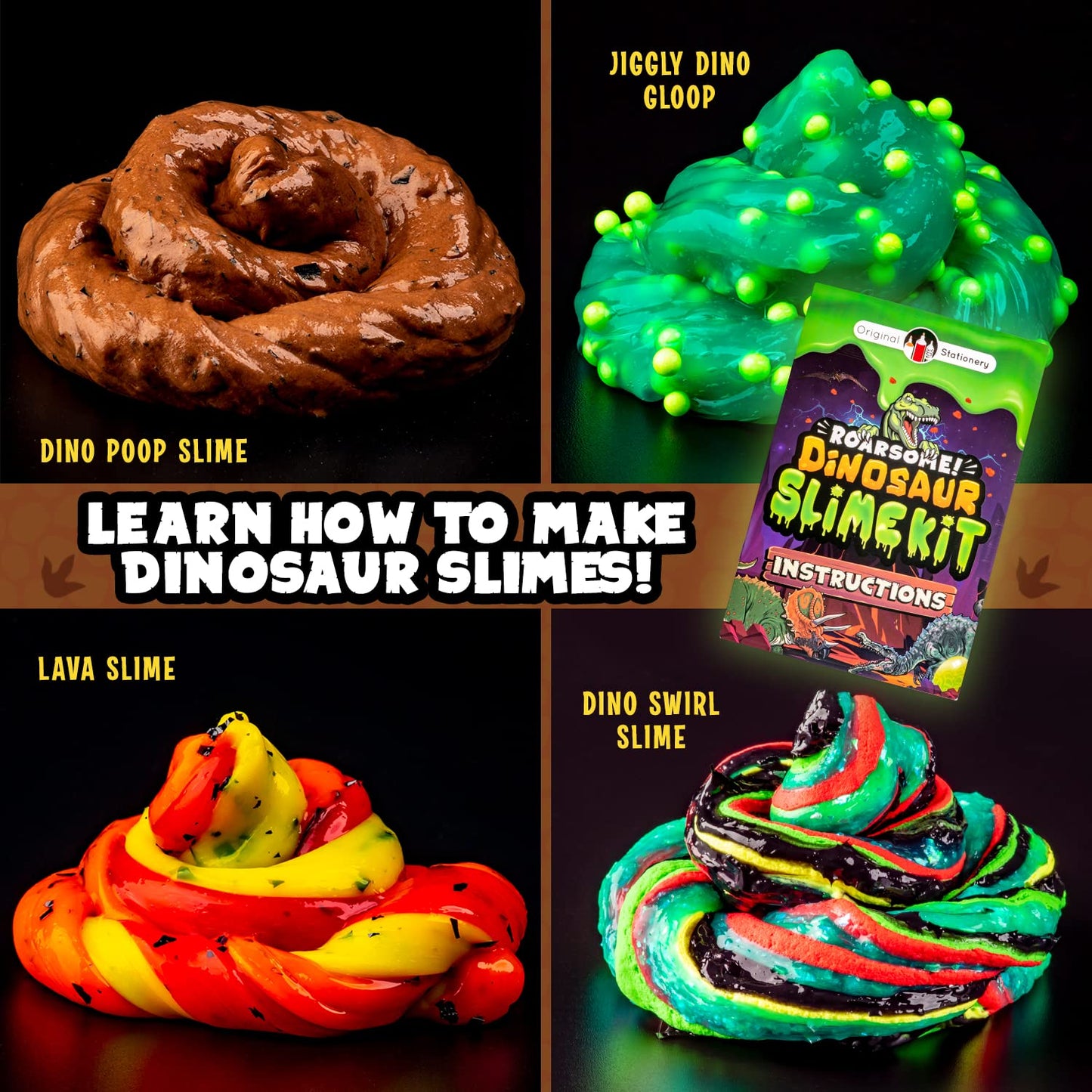 Original Stationery Dinosaur Slime Kit for Boys, DIY Glow-in-The-Dark Slime Set with Lava, Blood & Dino Poop, Fun Sensory Play Activity with Glitter Formula, Gift for Birthdays & Easter
