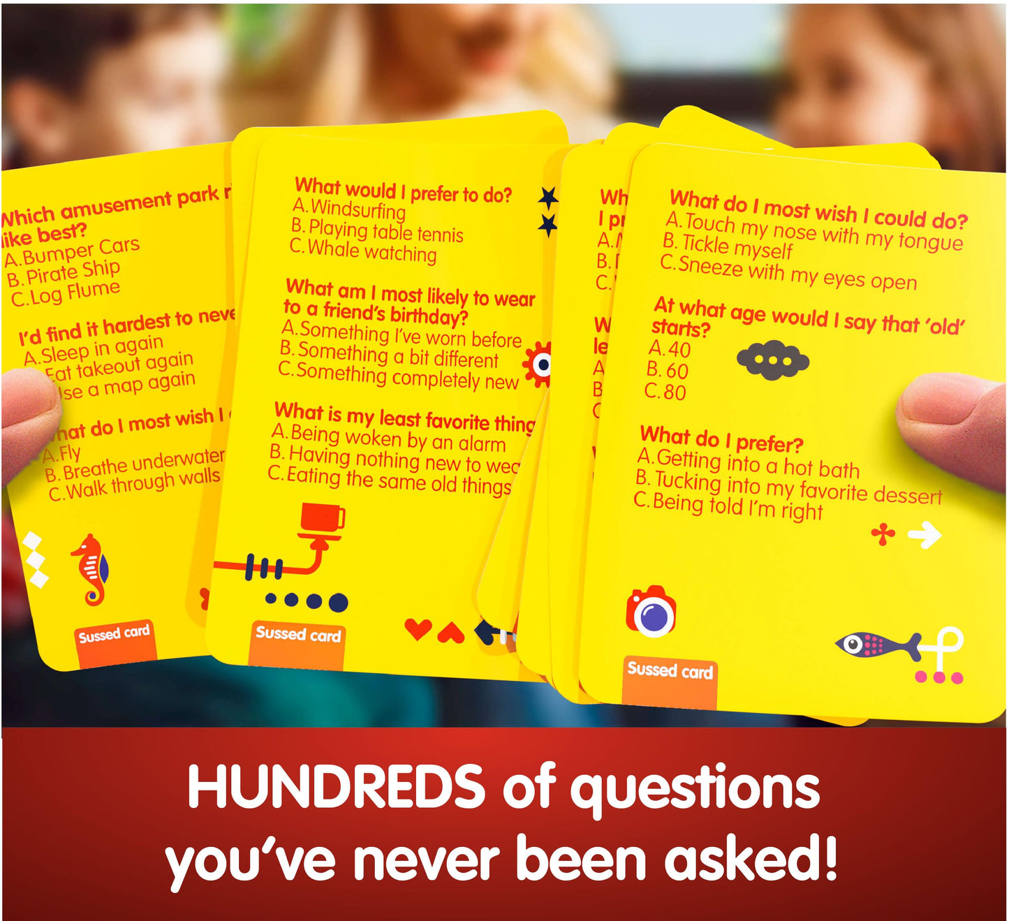 SUSSED The Wacky ‘What Would You Do’ Social Card Game - Fun & Easy for Kids - Family Travel Game for Road Trips & Car Journeys - Ages 6 & Up - Yellow Deck