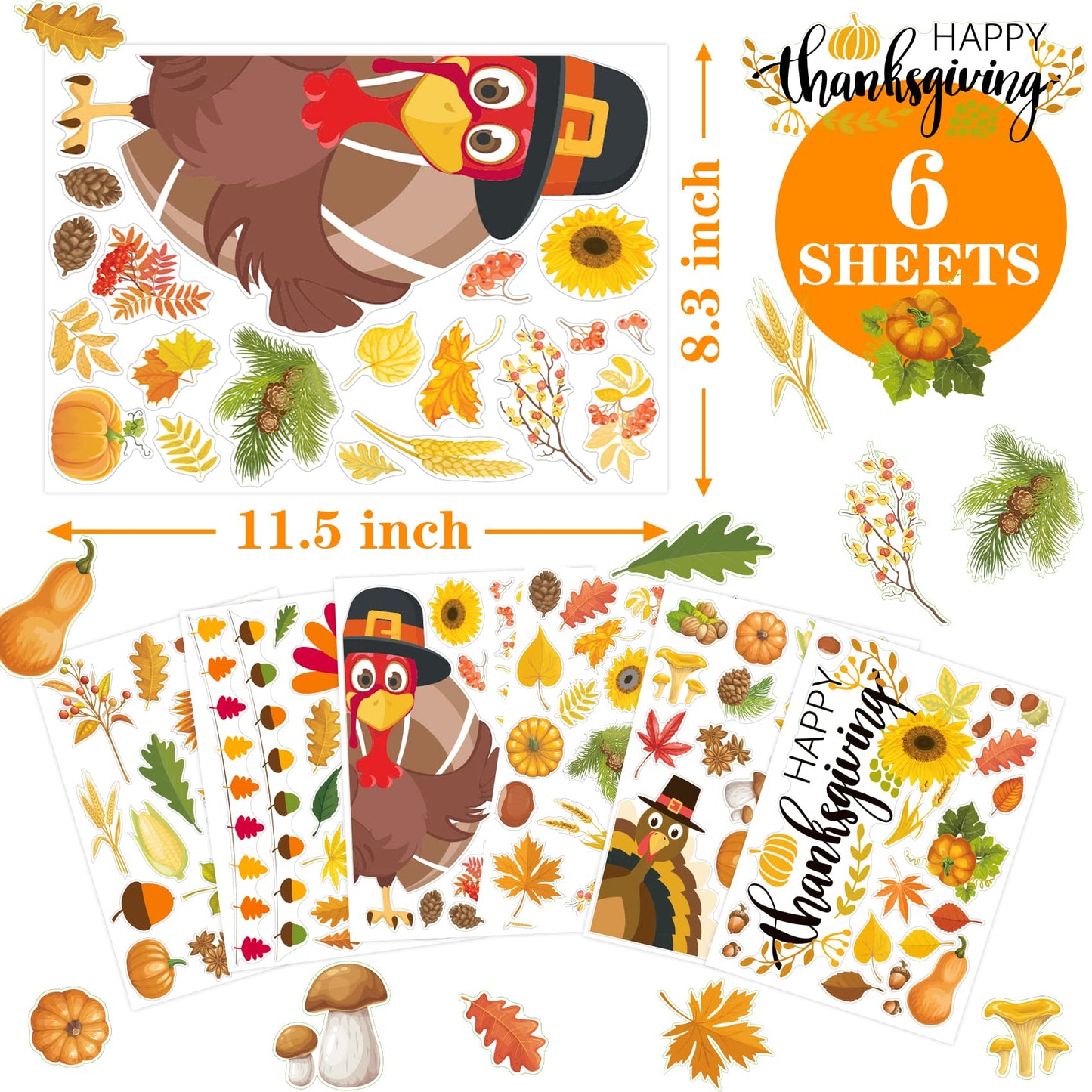Thanksgiving Decorations - Thanksgiving Window Clings Fall Decorations Thanksgiving Window Stickers Holiday Turkey Cling for Glass Window Thanksgiving Decorations for Home Party 113 PCS
