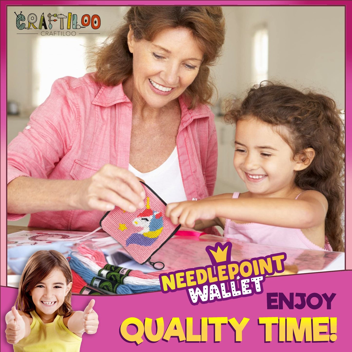 Pre Printed Needlepoint Wallet Kit for Kids Embroidery Arts and Crafts Set Cross Stitch Sewing Latch Hook Kit (Unicorn)