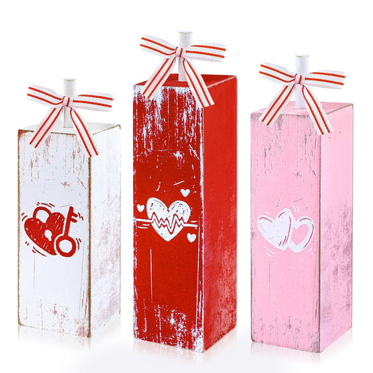 3 PCS Heart Table Block Sign Love Wooden Tiered Tray Decor Tabletop Decor Heart Rustic Farmhouse Centerpieces for Wedding Home Party Decor