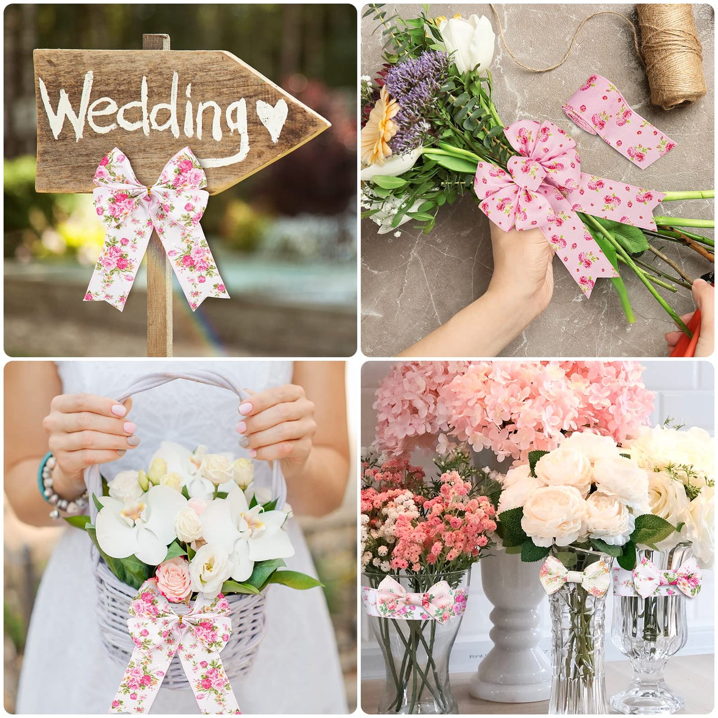 Floral Wired Edge Ribbon 4 Rolls Rose Flower Pattern Ribbon Spring Summer Fabric Decorative Craft Ribbon Roll for Gift Wrapping Decor Hair Bow Sewing Wreath Crafts, 20 Yard x 2.5 Inch