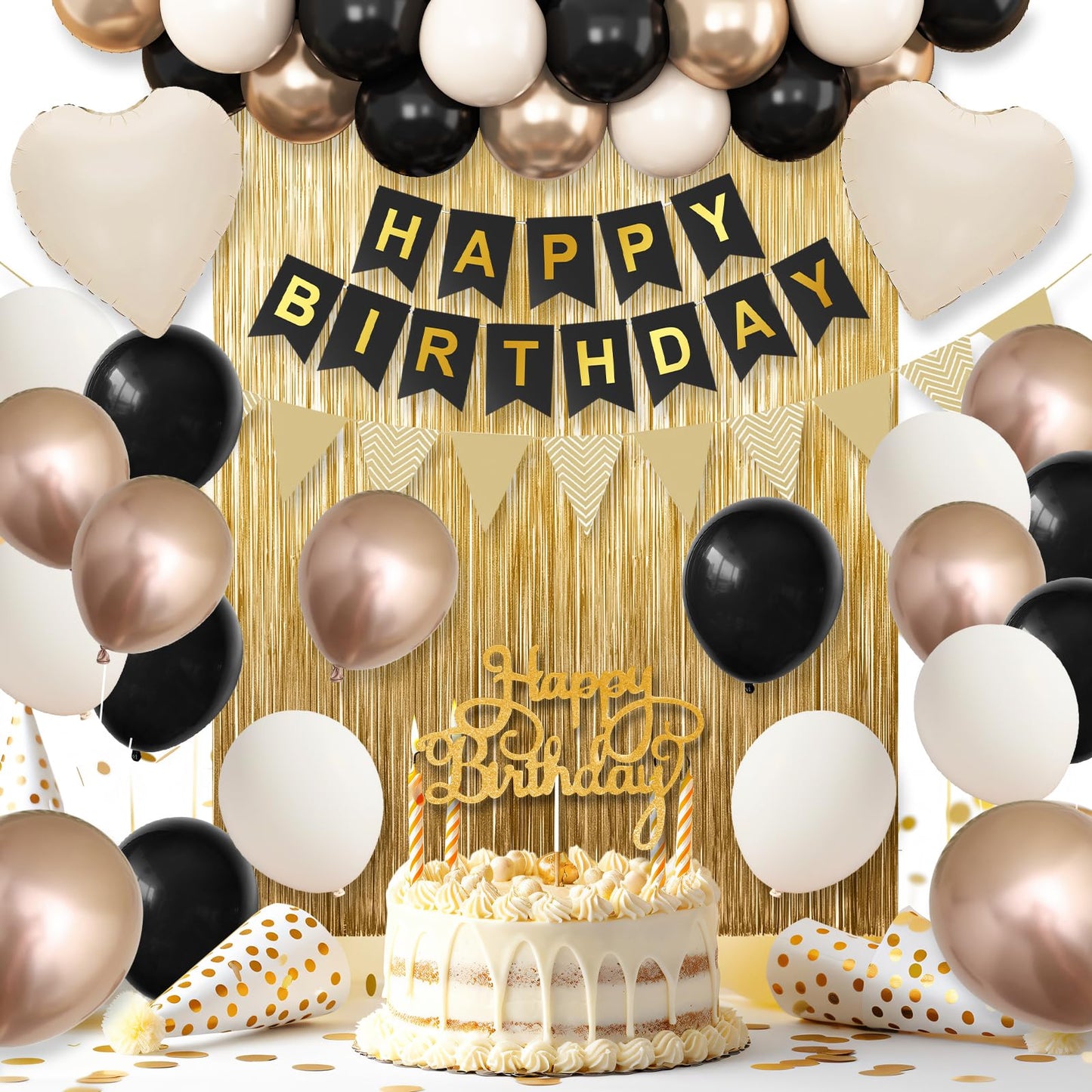 Black Gold Birthday Decorations,Party Decorations with Sand White Champagne Gold Balloon Heart Balloons Happy Birthday Banner Fringe Curtain for Women Men Boho Baby Shower Birthday Party Decor