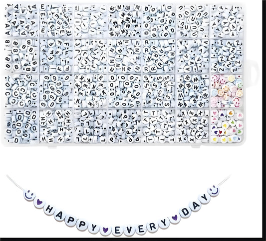 Alphabet Beads A-Z 1200+Pcs Letter Beads, Acrylic 4x7mm Round Letter Beads Kits,Black Digit and Colorful Smile Beads for Bracelets Necklaces DIY Jewelry Making (Black,1200+PCS)