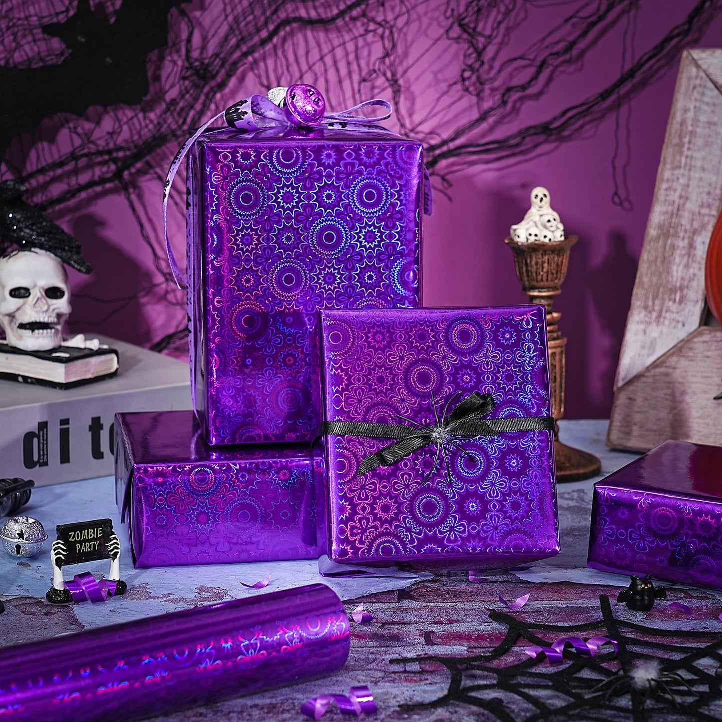 Purple Wrapping Paper Roll - Mini Roll - 17 Inch x 16.5 Feet - Dark Purple Metallic Holographic Wrapping Paper for Halloween, Fall Party, Birthday, Wedding, Baby Shower