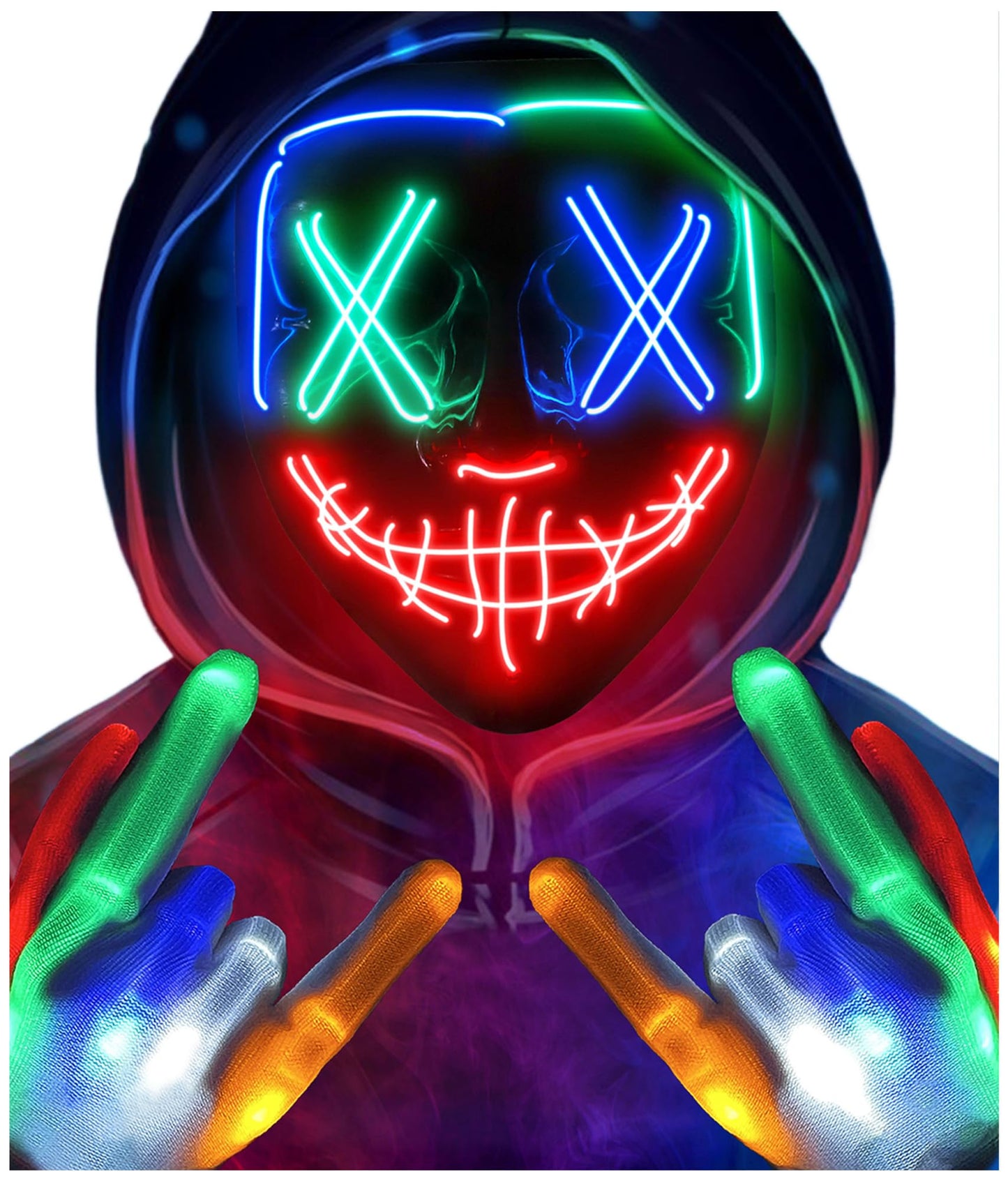 Halloween Mask Skeleton Gloves Set, Halloween Costumes Gifts for Men Women Boys Girls, 3 Modes Light Up Scary LED Mask with LED Glow Gloves, Halloween Decorations Scary Scream Anonymous Mask, 2 Pack