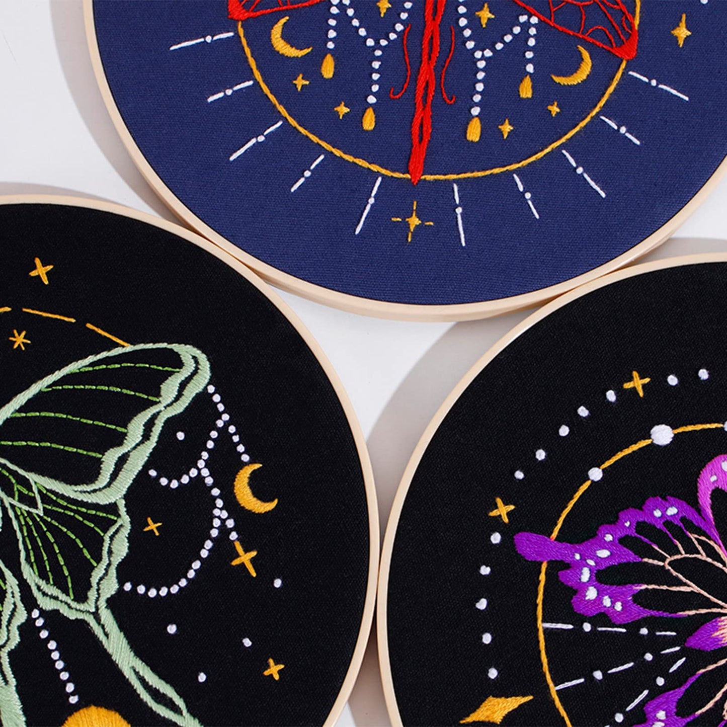 Louise Maelys 3 Set Tarot Embroidery Kits for Beginners with Moon Butterfly Dragonfly and Moth Pattern,Adults Starter Cross Stitch Kit DIY Needlepoint