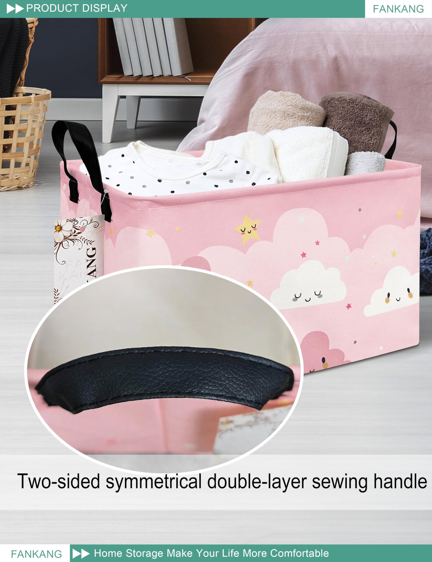 Storage Bins, Nursery Hamper Canvas Laundry Basket Foldable with Waterproof PE Coating Large Storage Baskets for Kids Boys and Girls, Office, Bedroom, Clothes,Toys(Rec-pink cloud ）